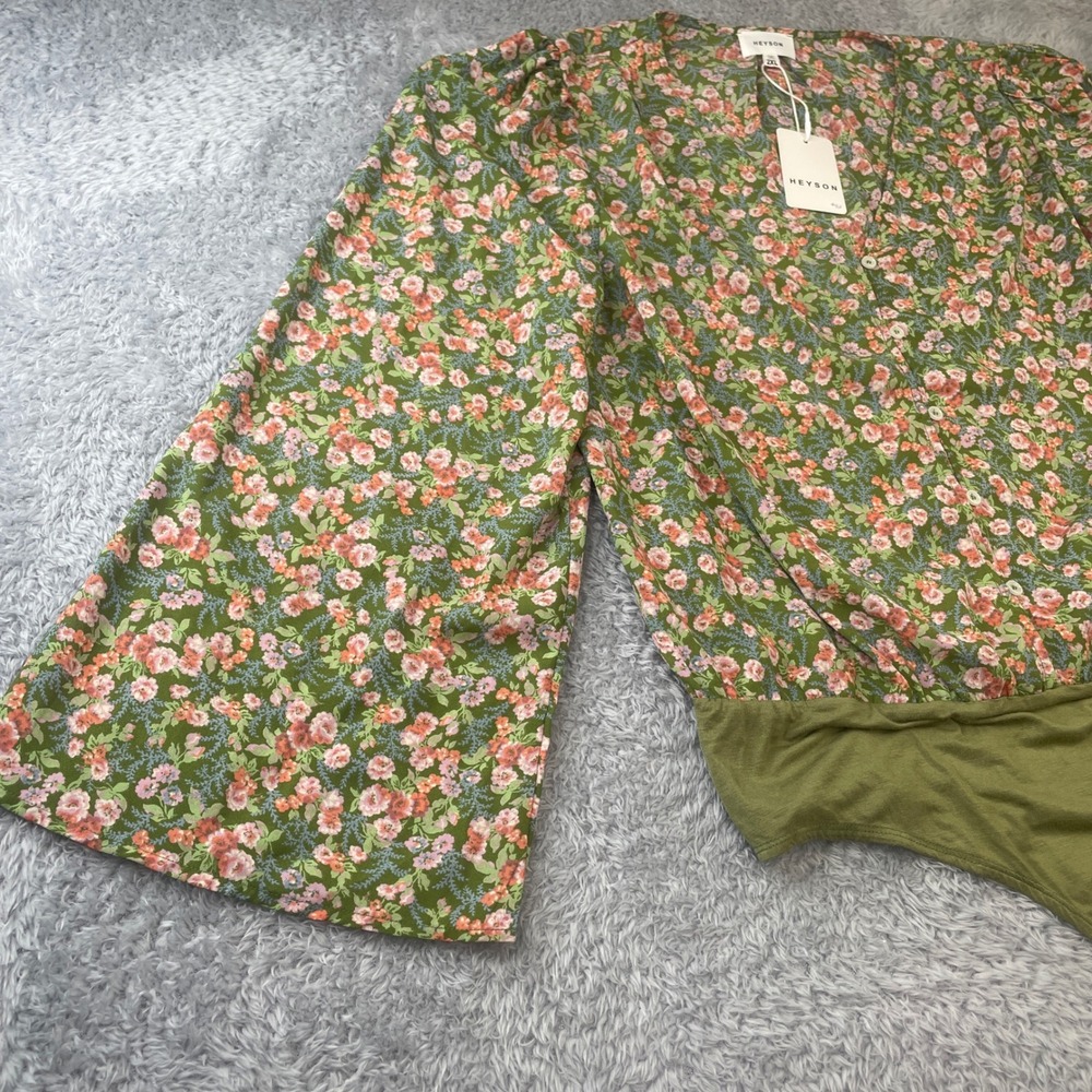 Heyson Bodysuit Womens 2XL Green Floral Bell Sleeve V-Neck BOHO Fairy